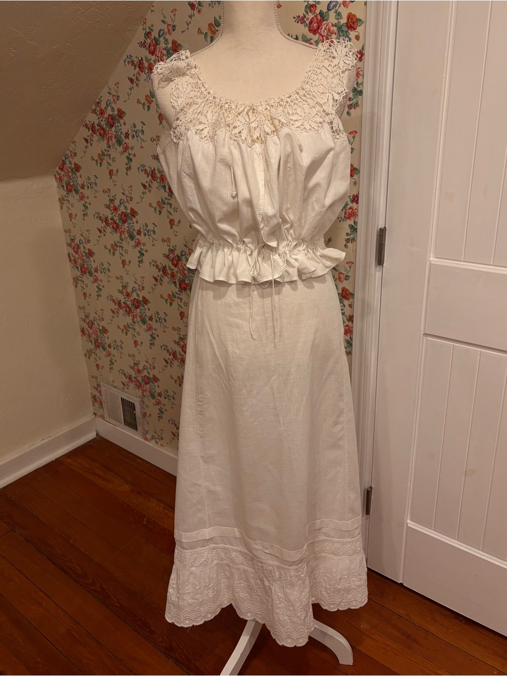 Vintage White Cotton Muslin Lawn 2 Piece Lace Camisole Skirt Edwardian Prairie